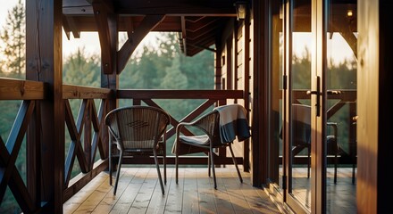 Obraz premium Cozy wooden balcony of a forest cabin with wicker chairs and a warm blanket during a peaceful golden hour sunset.