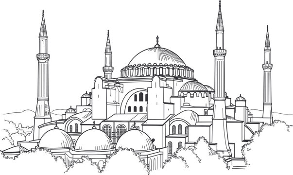Hagia Sophia mosque landmark line art vector, Istanbul Turkey historical architecture sketch for travel destination design