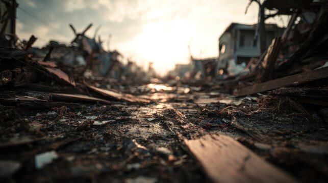 Post-Disaster landscape with destroyed buildings after a catastrophe