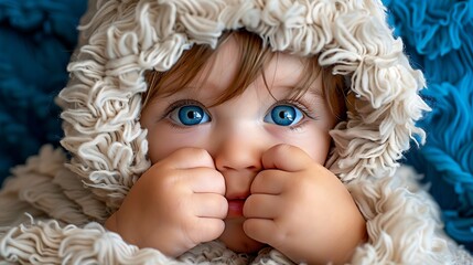 Fototapeta premium Close Up Portrait of Cute Baby With Blue Eyes Wrapped in Beige Blanket