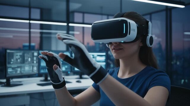 Virtual reality headset glove haptic woman technology office indoor night, immersive hand tracking gesture control, city skyline in modern workspace