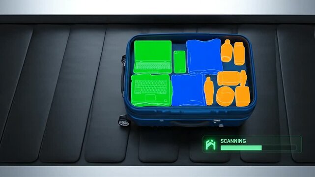 X-ray scan of a blue suitcase with green and orange objects on a black conveyor belt