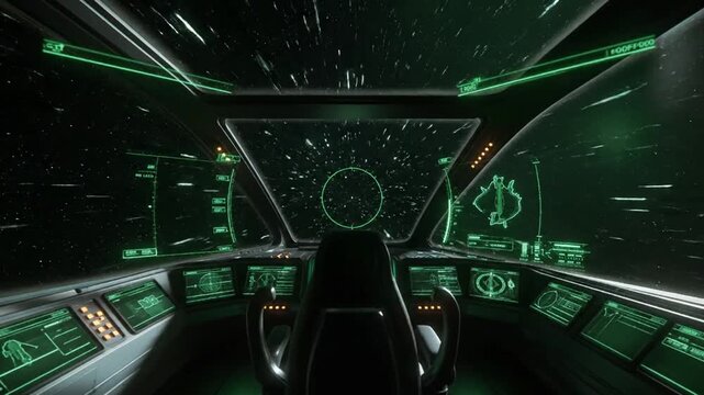 Futuristic spaceship cockpit view with holographic displays and stars.
