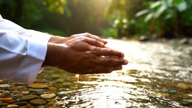 Golden Hour Cinematic 4K Slow Motion of Muslim Hands Cupping Water for Wudu Ablution in a Serene Forest Stream