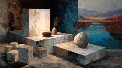 Abstract Composition with Geometric Shapes and Natural Landscape