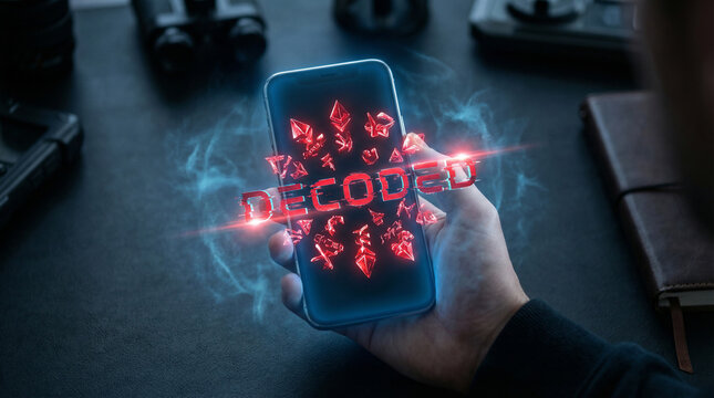 Decoded cybersecurity message appears on a smartphone screen, revealing digital threats and deepfake technology.