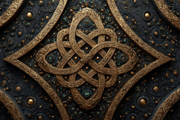 A decorative ornament featuring an intertwined Celtic knot, executed in a rich, dark palette with gold and bronze accents.  