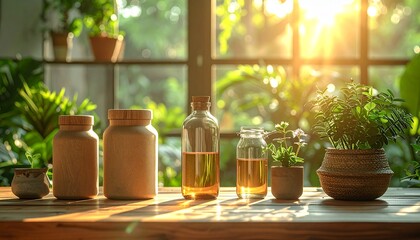 Sun-drenched herbs and oils in glass jars and potted plants by a window