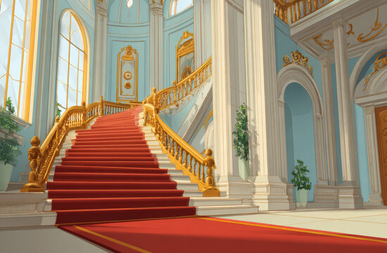 Elegant grand staircase inside a luxurious palace with ornate gold accents, tall arched windows, and a plush red carpet, showcasing opulent interior design