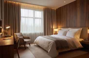 Fototapeta premium Elegant hotel bedroom with white bedding, beige curtains, warm wooden walls, soft lighting, and inviting seating area