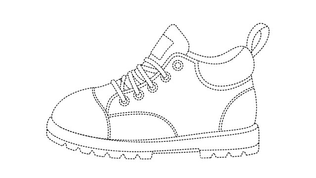 A detailed line drawing of a single hiking boot with laces and a rugged sole