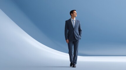 Obraz premium Confident Businessman Walking in Stylish Suit on Abstract Blue Background with Smooth Curves and Modern Design Elements