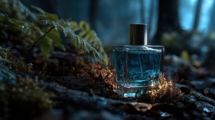 Fototapeta premium Captivating Blue Perfume Bottle Surrounded by Lush Greenery and Mist
