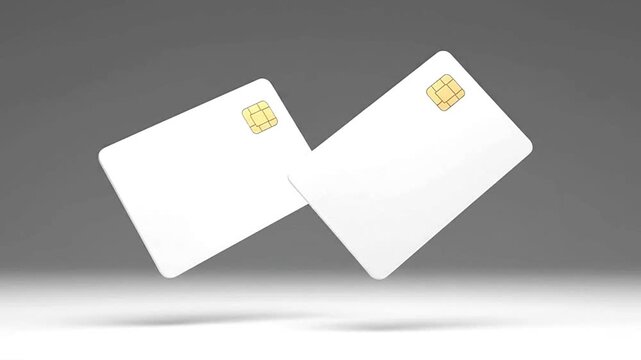 Two Blank White Credit Cards with Chip Floating on Gray Background.
