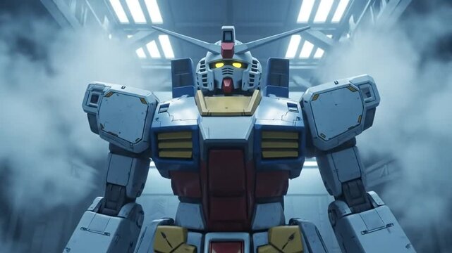 Giant robot standing in futuristic hangar, illuminated by blue led lights. Sci-fi.