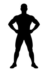 Muscular man silhouette with hands on hips, bodybuilder in power pose, fitness model