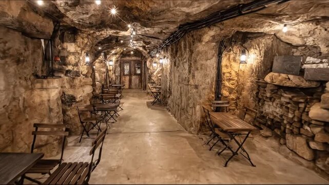 Inside a rustic-style dining area with cave-like walls, string lights, and simple wooden tables