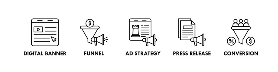 Ad Campaign banner web icon illustration concept with icon of digital banner, funnel, ad strategy, press release, and conversion