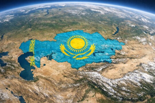 Aerial view of Kazakhstan with its flag superimposed, showcasing the vast landscapes and geographical features from space.