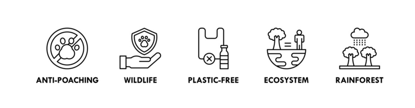 Conservation banner web icon illustration concept with icon of anti poaching, plastic free, ecosystem, and rainforest