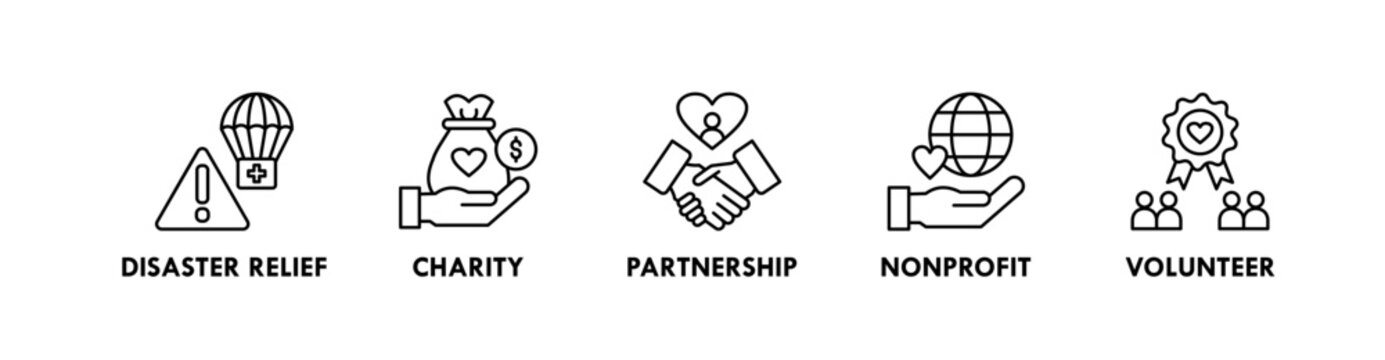 Charity banner web icon illustration concept with icon of disaster relief, charity, partnership, nonprofit, and volunteer