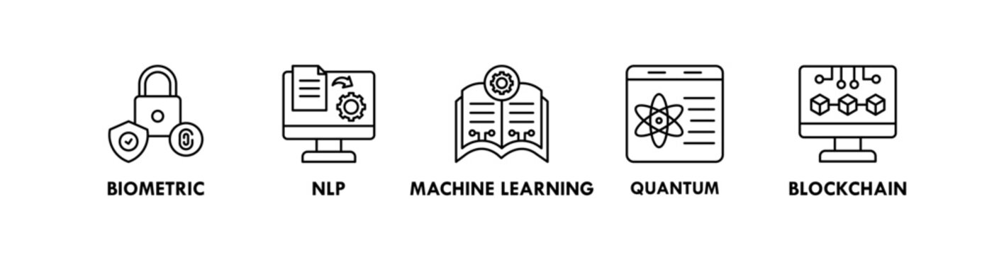 Future Technology banner web icon illustration concept with icon of biometric, NLP, machine learning, quantum ,and blockchain