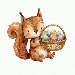 a squirrel with a basket of Easter flowers