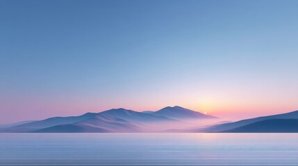Obraz premium Serene Sunrise Over Gentle Hills and Calm Waters with Soft Pastel Colors and Tranquil Atmosphere in a Scenic Landscape Photography