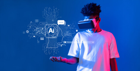 A futuristic representation of a person wearing VR technology surrounded by vibrant blue tones and AI elements, illustrating the intersection of automation and machine learning. XDMCP