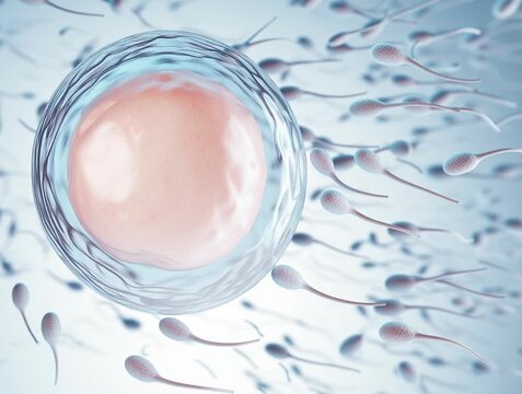 Human egg cell with sperm in blue fluid background, microscopic 3D video, for fertility clinic, assisted reproduction, reproductive medicine, biology education, medical training.