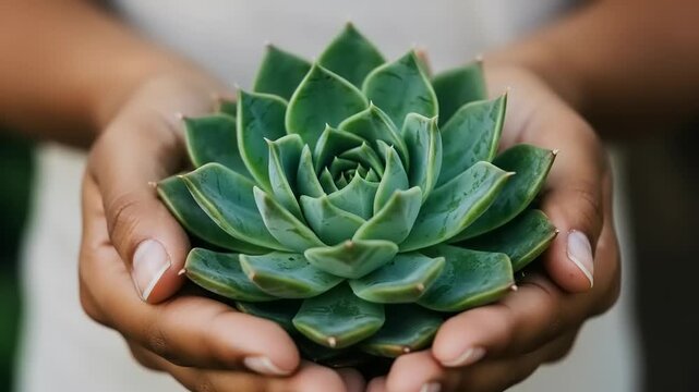A person gently holding a succulent plant in their cupped hands, showcasing its green leaves.