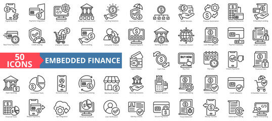 embedded finance icon set outline style illustration. containing user verification, identity check, fraud detection, account linking, open banking, pay later, payment, platform, secure, subscription