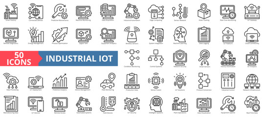 industrial iot icon set outline style illustration. containing internet of things, sensor fusion, protocol conversion, condition monitoring, cloud connectivity, remote diagnostics, edge computing
