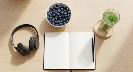 Overhead view of a healthy breakfast and productivity setup with headphones, notebook, blueberries, and green smoothie on a wooden table.