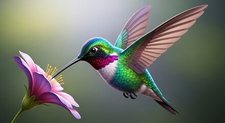 Obraz premium Feeding Hummingbird Approaching Vibrant Flower in Natural Outdoor Setting, Close-Up View, Wildlife Photography Concept