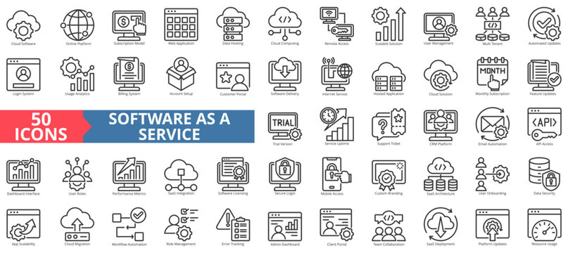 software as a service saas icon set outline style illustration. containing software, online platform, subscription model, web application, data hosting, cloud computing, remote access, login system