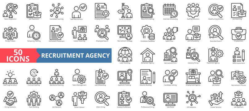 recruitment agency icon set outline style illustration. containing interview scheduling, candidate vetting, staff augmentation, applicant tracking, talent pool, resume building, job matching, firm
