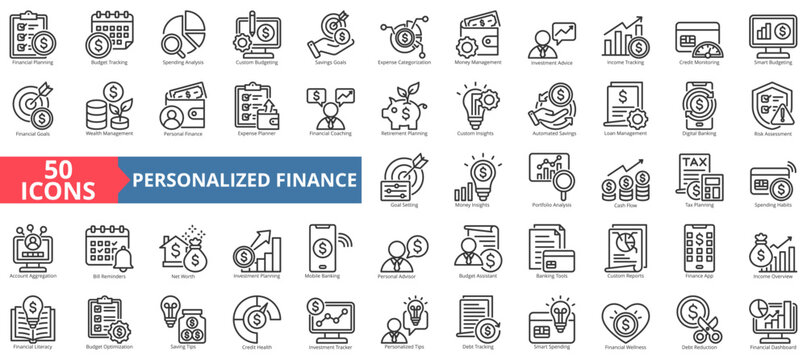 personalized finance icon set outline style illustration. containing expense categorization, investment advice, custom insights, digital banking, account aggregation, bill reminders, personal advisor