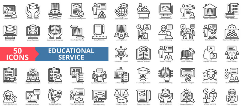 educational service icon set outline style illustration. containing home schooling, test preparation, course design, language instruction, parent communication, child education, college readiness