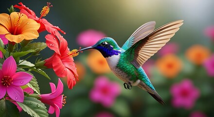 Obraz premium Flying Hummingbird Feeding on Vibrant Tropical Flowers in a Colorful Garden Close-Up View Nature Photography