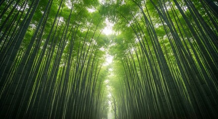 Looking up through a dense, vibrant green bamboo forest with sunlight filtering through the canopy, creating a serene natural pathway.