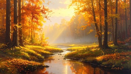 Obraz premium Autumn forest scene with river and beautiful sunlight.