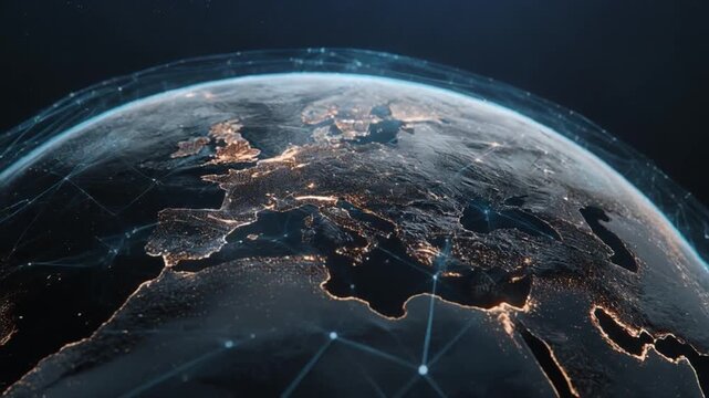 A digital visualization of the illuminated Earth, highlighting Europe and the interconnected network over the globe