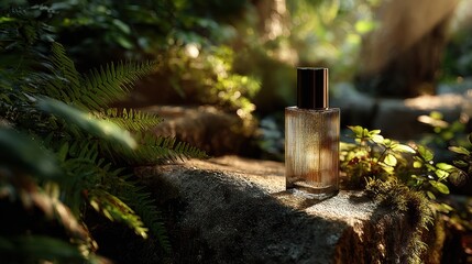 Elegant Fragrance Bottle Surrounded by Nature and Greenery