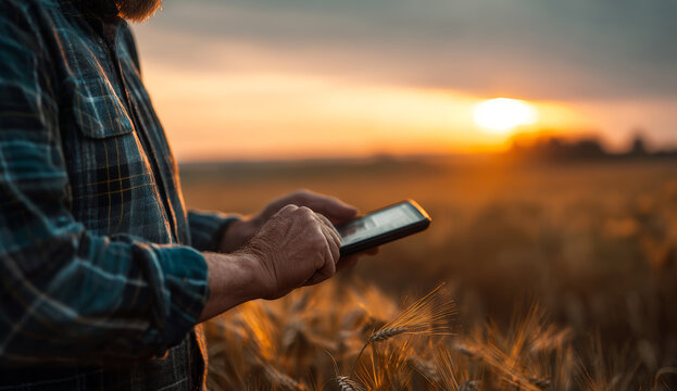 Farmer holding smartphone with a digital code on the screen in a wheat field at sunset, close-animated movie view of hands and device