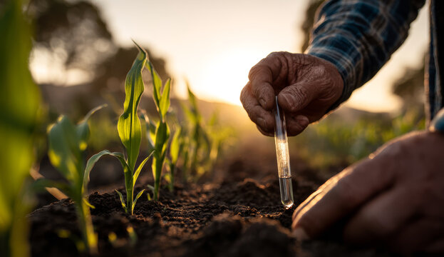 Farmer's hand with weathered skin holding a glass test tube inspecting soil in a cultivated field at sunset
