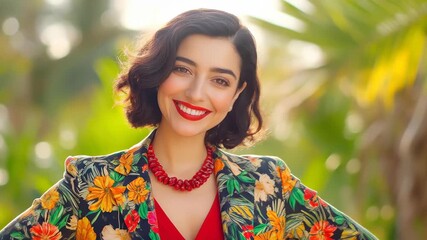 Radiant Persona: Portrait of a woman. A beautiful woman radiates joy with a beaming smile, against a soft-focus backdrop.