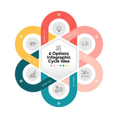 Infographic circular diagram with 6 options. Round chart that can be used for business analytics, data visualization and presentation. Vector editable illustration eps