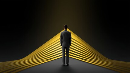 A Person in a Suit Standing Before a Series of Yellow Stripes Symbolizing Opportunity, Future, and Aspirations in a Dark Environment