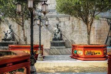 Fototapeta premium Guangzhou, Guangdong, China. Zini Village, Shawan Town, Panyu Nanyue Garden. The garden features common elements of Chinese Lingnan garden architecture such as ponds, bridges, pavilions.